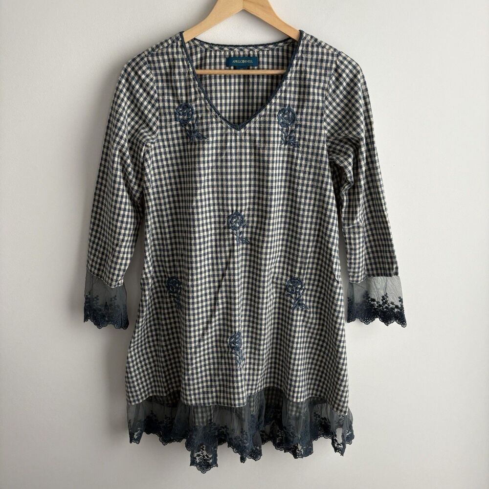 April Cornell Dress XS Blue Gingham Plaid Floral Embroidered Lace Trim Dress